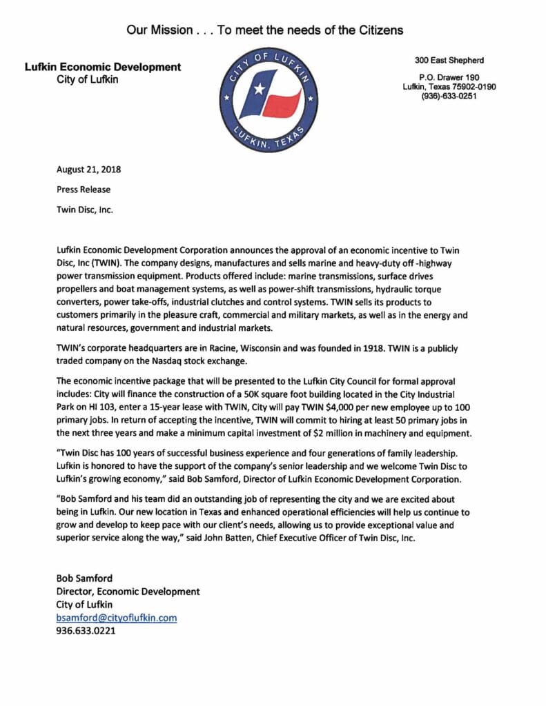 Lufkin EDC incentive package for Wisconsin will bring 50 new jobs